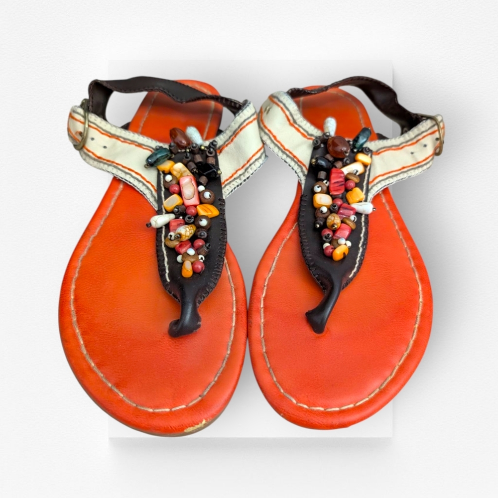 Handmade Sandals Orange White Brown Beaded Flat Buckle Size 8
